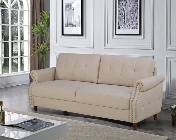 English Elm Transitional Button Tufted Loveseat with Nailhead Trim Rolled Arms and Pine Frame Beige B2735P527506