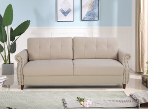 English Elm Transitional Button Tufted Loveseat with Nailhead Trim Rolled Arms and Pine Frame Beige B2735P527506