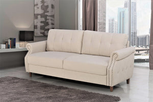 English Elm Transitional Button Tufted Loveseat with Nailhead Trim Rolled Arms and Pine Frame Beige B2735P527506
