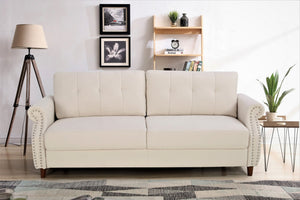 English Elm Transitional Button Tufted Loveseat with Nailhead Trim Rolled Arms and Pine Frame Beige B2735P527506