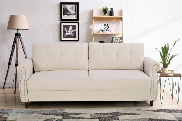 English Elm Transitional Button Tufted Loveseat with Nailhead Trim Rolled Arms and Pine Frame Beige B2735P527506