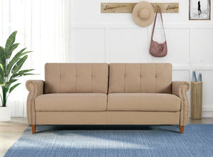 English Elm Transitional Button Tufted Loveseat with Nailhead Trim Rolled Arms and Pine Frame Camel B2735P527507