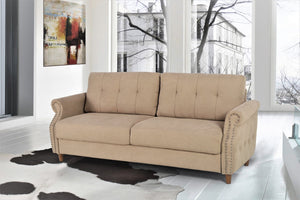 English Elm Transitional Button Tufted Loveseat with Nailhead Trim Rolled Arms and Pine Frame Camel B2735P527507