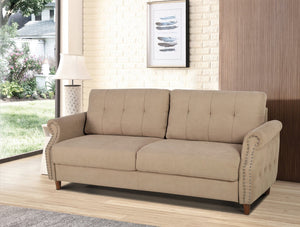 English Elm Transitional Button Tufted Loveseat with Nailhead Trim Rolled Arms and Pine Frame Camel B2735P527507
