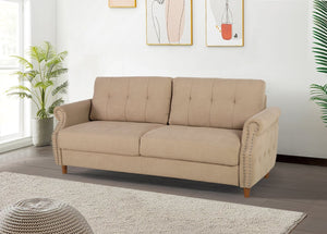 English Elm Transitional Button Tufted Loveseat with Nailhead Trim Rolled Arms and Pine Frame Camel B2735P527507