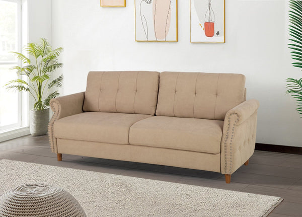 English Elm Transitional Button Tufted Loveseat with Nailhead Trim Rolled Arms and Pine Frame Camel B2735P527507