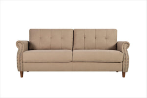 English Elm Transitional Button Tufted Loveseat with Nailhead Trim Rolled Arms and Pine Frame Camel B2735P527507