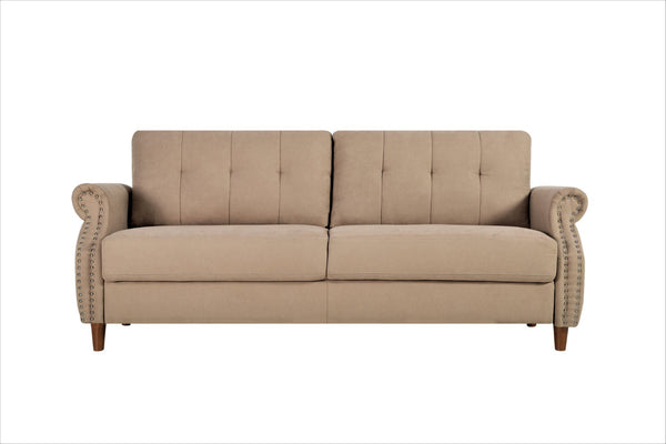 English Elm Transitional Button Tufted Loveseat with Nailhead Trim Rolled Arms and Pine Frame Camel B2735P527507