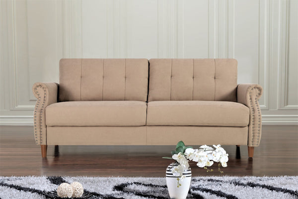 English Elm Transitional Button Tufted Loveseat with Nailhead Trim Rolled Arms and Pine Frame Camel B2735P527507