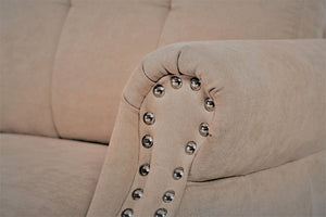 English Elm Transitional Button Tufted Loveseat with Nailhead Trim Rolled Arms and Pine Frame Camel B2735P527507