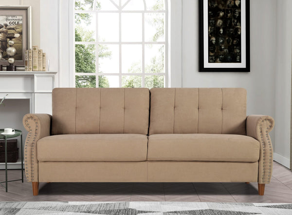 English Elm Transitional Button Tufted Loveseat with Nailhead Trim Rolled Arms and Pine Frame Camel B2735P527507