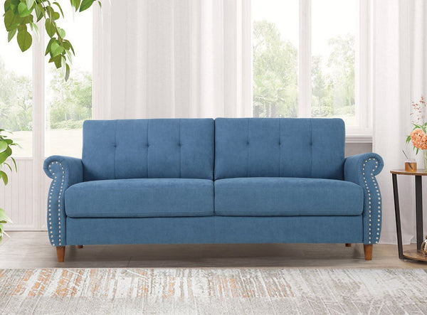 English Elm Transitional Button Tufted Loveseat with Nailhead Trim Rolled Arms and Pine Frame Navy Blue B2735P527508
