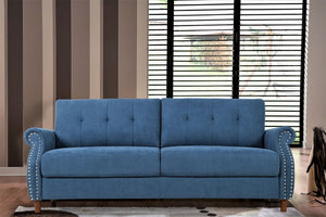 English Elm Transitional Button Tufted Loveseat with Nailhead Trim Rolled Arms and Pine Frame Navy Blue B2735P527508