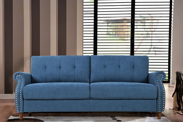 English Elm Transitional Button Tufted Loveseat with Nailhead Trim Rolled Arms and Pine Frame Navy Blue B2735P527508