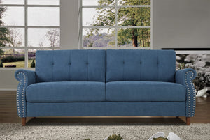 English Elm Transitional Button Tufted Loveseat with Nailhead Trim Rolled Arms and Pine Frame Navy Blue B2735P527508
