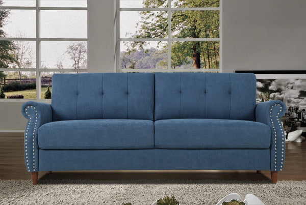 English Elm Transitional Button Tufted Loveseat with Nailhead Trim Rolled Arms and Pine Frame Navy Blue B2735P527508
