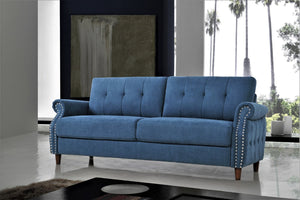 English Elm Transitional Button Tufted Loveseat with Nailhead Trim Rolled Arms and Pine Frame Navy Blue B2735P527508