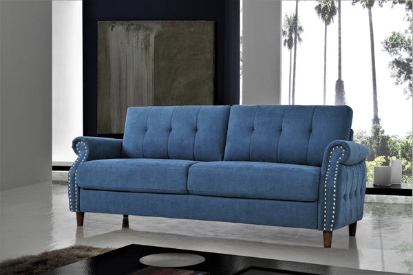 English Elm Transitional Button Tufted Loveseat with Nailhead Trim Rolled Arms and Pine Frame Navy Blue B2735P527508