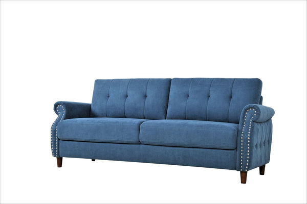 English Elm Transitional Button Tufted Loveseat with Nailhead Trim Rolled Arms and Pine Frame Navy Blue B2735P527508