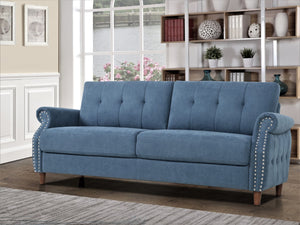 English Elm Transitional Button Tufted Loveseat with Nailhead Trim Rolled Arms and Pine Frame Navy Blue B2735P527508