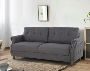 English Elm Transitional Button Tufted Loveseat with Nailhead Trim Rolled Arms and Pine Frame Grey B2735P527509