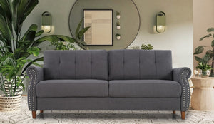 English Elm Transitional Button Tufted Loveseat with Nailhead Trim Rolled Arms and Pine Frame Grey B2735P527509