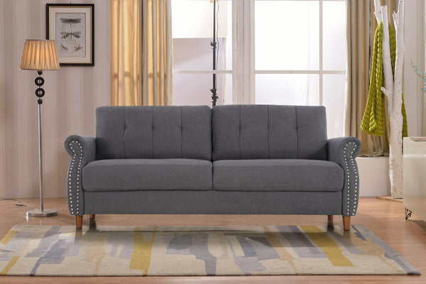 English Elm Transitional Button Tufted Loveseat with Nailhead Trim Rolled Arms and Pine Frame Grey B2735P527509