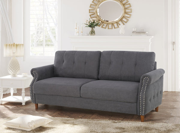 English Elm Transitional Button Tufted Loveseat with Nailhead Trim Rolled Arms and Pine Frame Grey B2735P527509