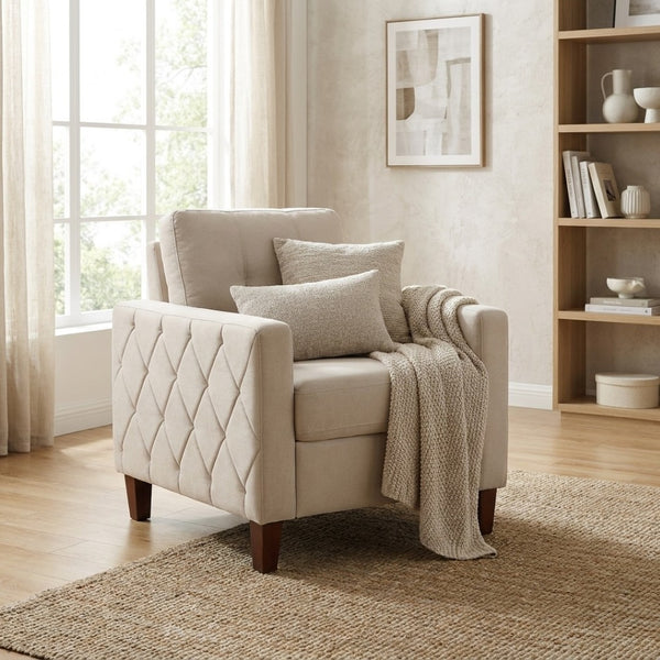 English Elm Button Tufted Accent Chair Polyester Upholstered Transitional Seat for Living Room Beige B2735P527614