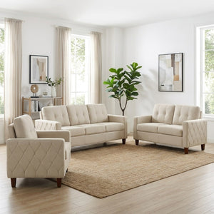 English Elm Button Tufted Accent Chair Polyester Upholstered Transitional Seat for Living Room Beige B2735P527614
