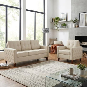 English Elm Piped Trim Tufted Polyester Accent Chair with Square Arms for Living Room Decor Beige B2735P527616