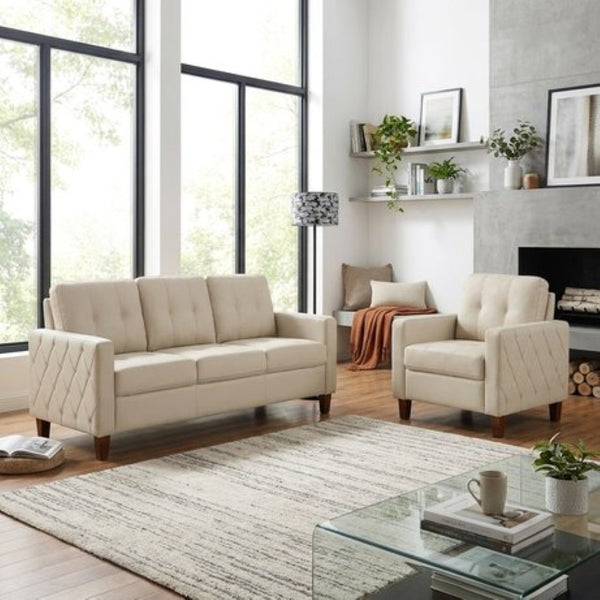 English Elm Piped Trim Tufted Polyester Accent Chair with Square Arms for Living Room Decor Beige B2735P527616