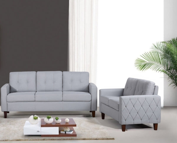 English Elm Button Tufted Polyester Loveseat with Piped Trim and Square Arms for Living Room Light Gray B2735P527618
