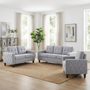 English Elm Piped Trim Tufted Polyester Accent Chair with Square Arms for Living Room Decor Light Gray B2735P527619