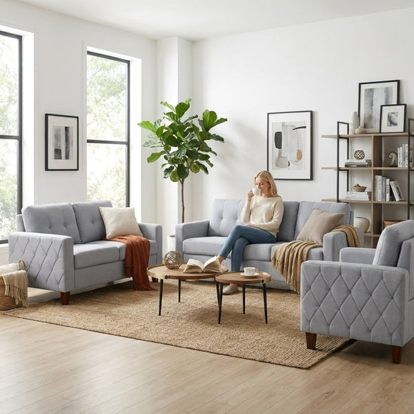 English Elm Piped Trim Tufted Polyester Accent Chair with Square Arms for Living Room Decor Light Gray B2735P527619