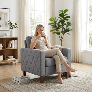 English Elm Button Tufted Accent Chair Polyester Upholstered Transitional Seat for Living Room Dark Grey B2735P527620