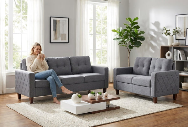 English Elm Button Tufted Polyester Loveseat with Piped Trim and Square Arms for Living Room Dark Grey B2735P527621