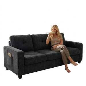 English Elm 77.2" Wide Chenille Three Seat Sofa with Square Arms and Removable Cushions for Living Room Black B2735P535747
