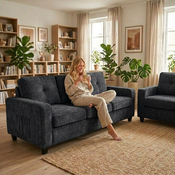 English Elm 77.2" Wide Chenille Three Seat Sofa with Square Arms and Removable Cushions for Living Room Black B2735P535747