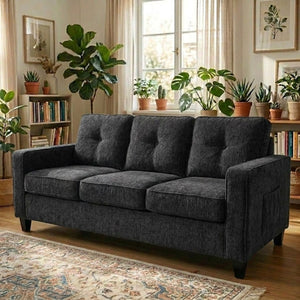 English Elm 77.2" Wide Chenille Three Seat Sofa with Square Arms and Removable Cushions for Living Room Black B2735P535747