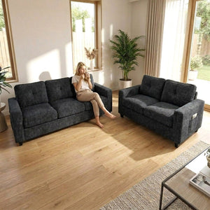 English Elm 77.2" Wide Chenille Three Seat Sofa with Square Arms and Removable Cushions for Living Room Black B2735P535747