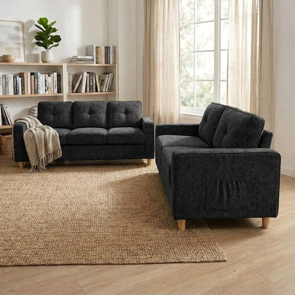 English Elm 77.2" Wide Chenille Three Seat Sofa with Square Arms and Removable Cushions for Living Room Black B2735P535747