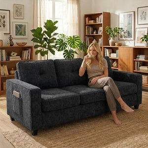 English Elm 77.2" Wide Chenille Three Seat Sofa with Square Arms and Removable Cushions for Living Room Black B2735P535747
