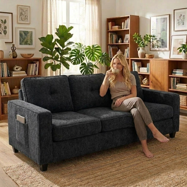 English Elm 77.2" Wide Chenille Three Seat Sofa with Square Arms and Removable Cushions for Living Room Black B2735P535747
