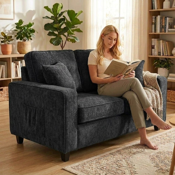 English Elm 54.3" Chenille Loveseat Soft Cloud Texture Square Arm Compact Sofa for Studio Apartments Black B2735P535748