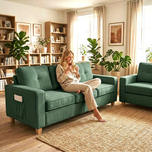 English Elm 77.2" Wide Chenille Three Seat Sofa with Square Arms and Removable Cushions for Living Room Dark Green B2735P535765