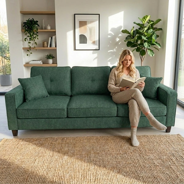 English Elm 77.2" Wide Chenille Three Seat Sofa with Square Arms and Removable Cushions for Living Room Dark Green B2735P535765