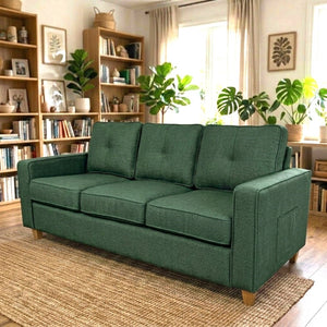 English Elm 77.2" Wide Chenille Three Seat Sofa with Square Arms and Removable Cushions for Living Room Dark Green B2735P535765