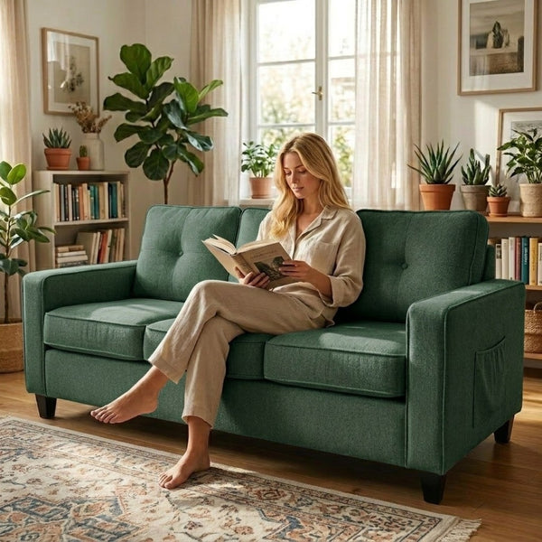 English Elm 77.2" Wide Chenille Three Seat Sofa with Square Arms and Removable Cushions for Living Room Dark Green B2735P535765