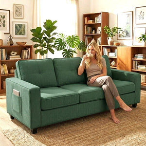English Elm 77.2" Wide Chenille Three Seat Sofa with Square Arms and Removable Cushions for Living Room Dark Green B2735P535765